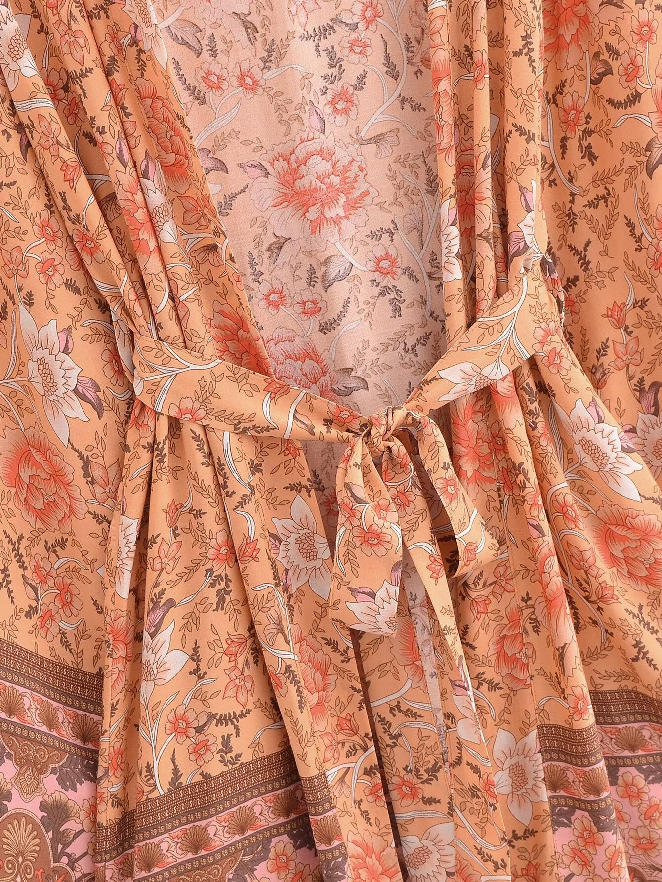 Cárdigan estampado de rayón, mangas sueltas, kimono corto con cordones