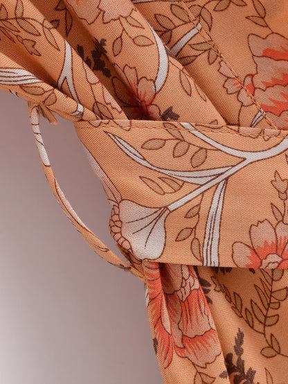 Cárdigan estampado de rayón, mangas sueltas, kimono corto con cordones