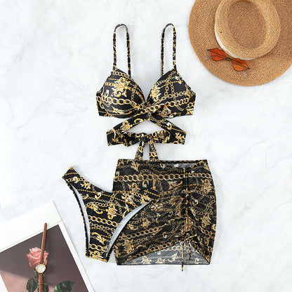 Bikini sexy traje de baño para mujer de tres piezas con soporte de acero push up estampado con cordones traje de baño