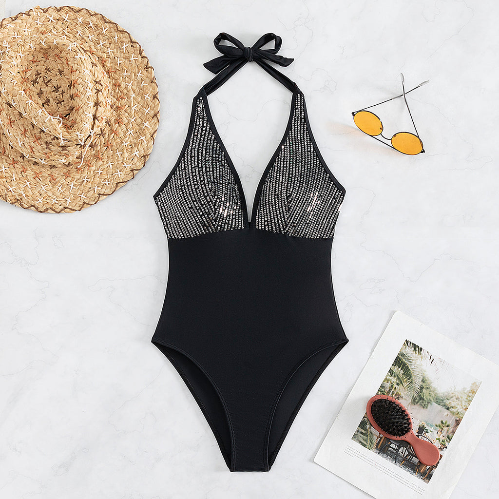 Maillot de bain une pièce pour femme, dos nu, sexy, à paillettes