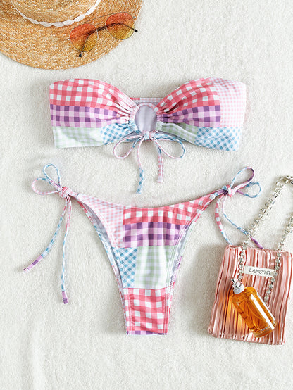 Bikini sexy a cuadros con cordones y parte superior de tubo, traje de baño dividido para mujer