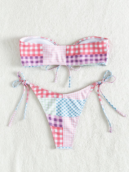 Bikini sexy a cuadros con cordones y parte superior de tubo, traje de baño dividido para mujer