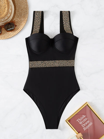 Traje de baño de una pieza para mujer con incrustaciones de diamantes y soporte de acero, traje de baño push up