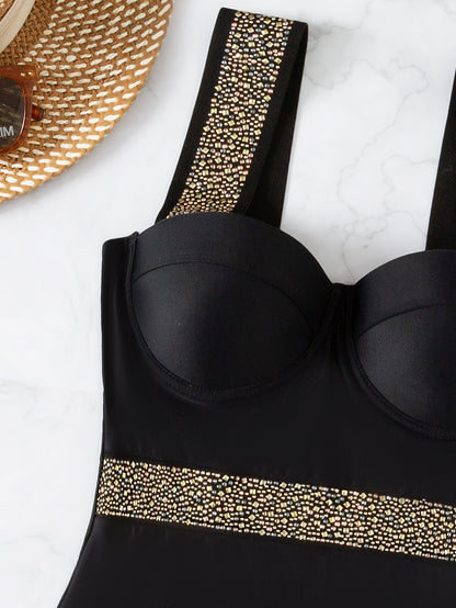 Traje de baño de una pieza para mujer con incrustaciones de diamantes y soporte de acero, traje de baño push up