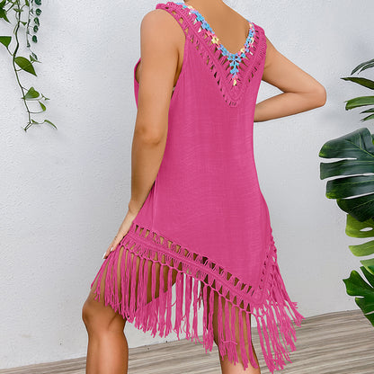Holiday Stitching Color Crochet Tassel V neck Pullover Hollow Out Cutout out See through Beach Beach Cover Up Dress Crochet hook