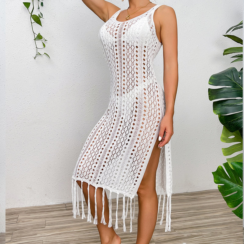 Vacation Sexy Solid Color Spaghetti Straps Knitted High Slit Hollow Out Cutout Tassel Dress Beach Sun Protection Blouse Crochet hook