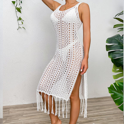 Vacation Sexy Solid Color Spaghetti Straps Knitted High Slit Hollow Out Cutout Tassel Dress Beach Sun Protection Blouse Crochet hook