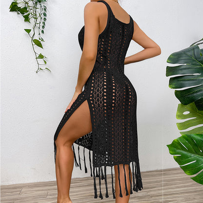 Vacation Sexy Solid Color Spaghetti Straps Knitted High Slit Hollow Out Cutout Tassel Dress Beach Sun Protection Blouse Crochet hook