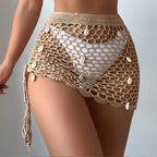 Stylish Beach Pure Hand Crocheting Side Drawstring Lace up Cutout Shell Embellished Bikini Cover up Skirt Crochet hook Tidee