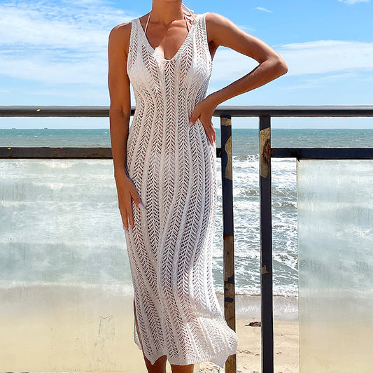Women Clothing Travel Vacation Sexy V-neck Solid Color Breathable Long Dress Beach Sun Shield Crochet hook