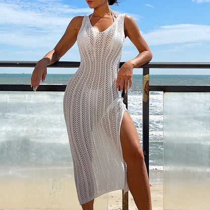 Women Clothing Travel Vacation Sexy V-neck Solid Color Breathable Long Dress Beach Sun Shield Crochet hook