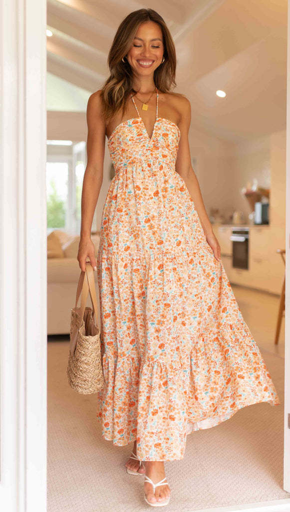 Women V neck Brace Maxi Dress Elegant Shoulder Baring Sleeveless Sling VIVIAN