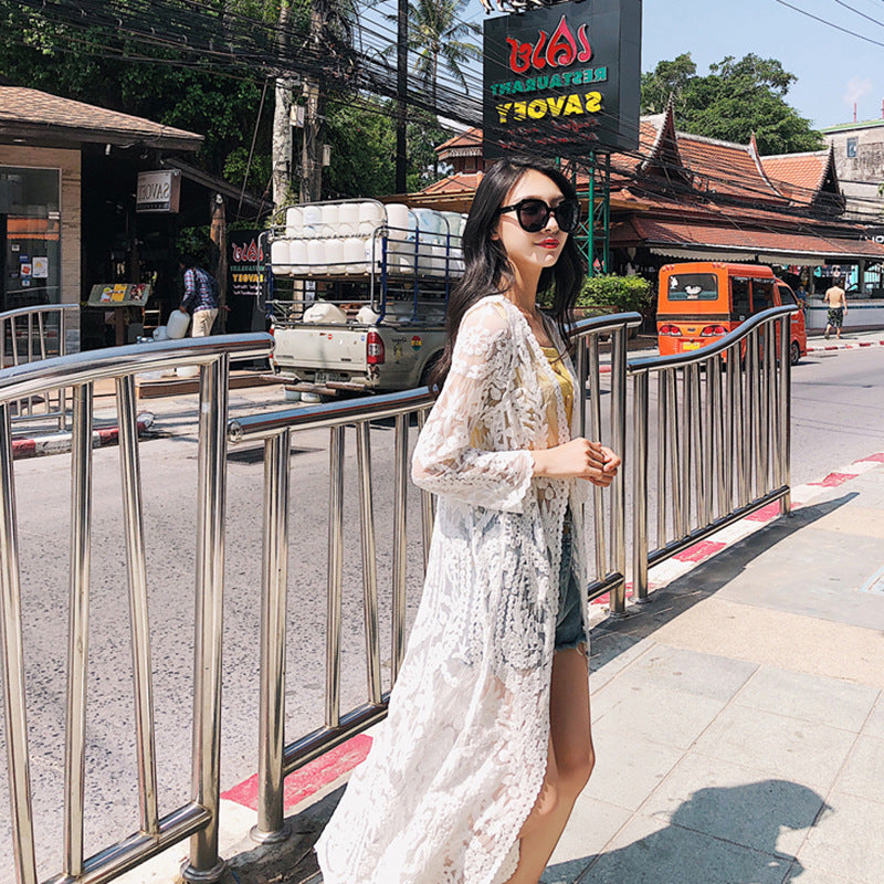 Mesh Swimsuit See through Long Outer Match Sun Protection Clothing Lace Embroidered Cardigan Beach Bikini Beach Jacket Women YTCYZ