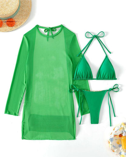 Conjunto de bikini de tres piezas con cadena de metal sexy de color sólido