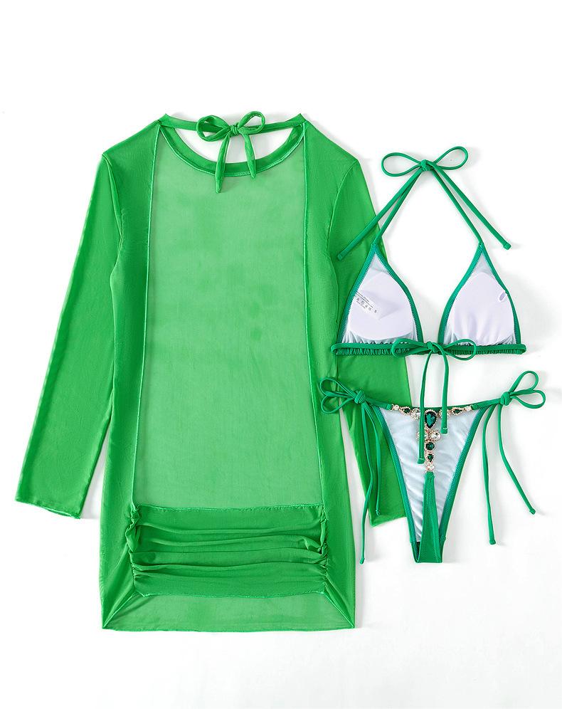 Conjunto de bikini de tres piezas con cadena de metal sexy de color sólido
