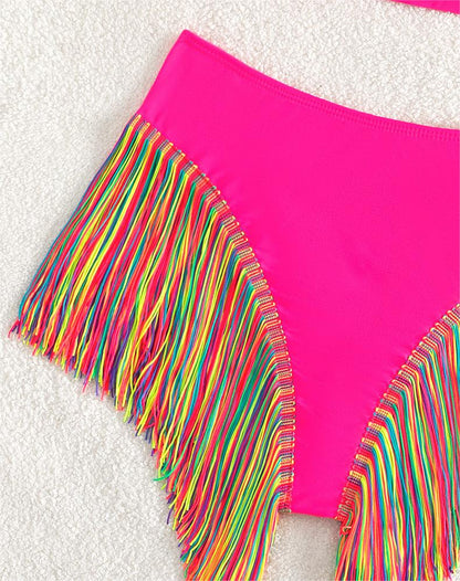 Bikini sexy traje de baño para mujer color sólido un hombro borla traje de baño