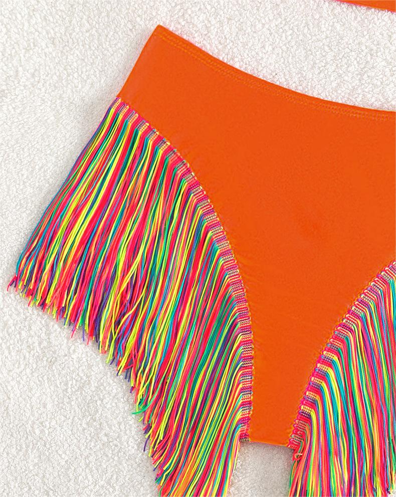 Bikini sexy traje de baño para mujer color sólido un hombro borla traje de baño