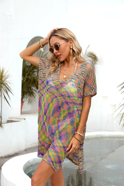 Blusa de verano con costuras de arcoíris, holgada, con recortes, para playa, bikini, prendas de punto