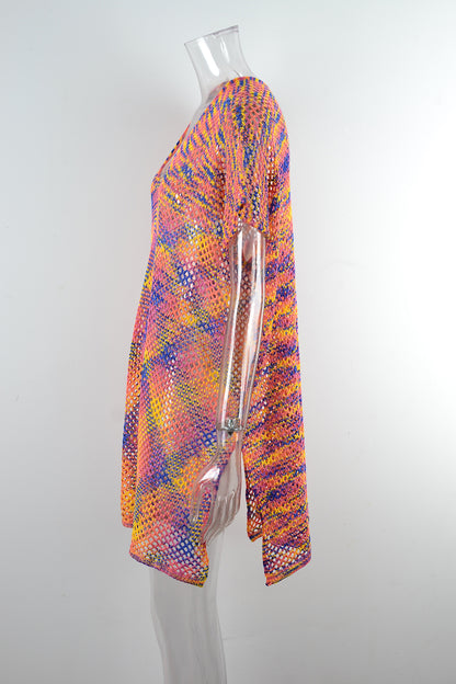Blusa de verano con costuras de arcoíris, holgada, con recortes, para playa, bikini, prendas de punto