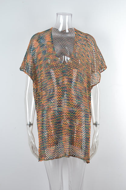 Summer Beach Cover Up Gradient Hollow Out Cutout Knitted Sun Protection Shirt Blouse