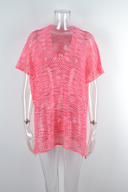 Summer Beach Cover Up Gradient Hollow Out Cutout Knitted Sun Protection Shirt Blouse