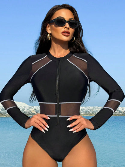 Bikinx Solid Color Mesh Splice Contrast Trim Zipper Back One piece Swimsuit