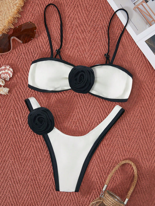 Bikinx Color Blocking 3d Flower Design Sexy Two Piece Swimsuit