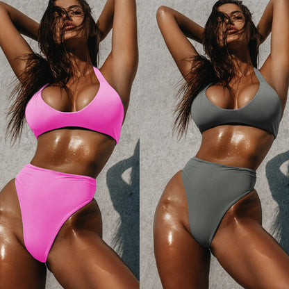 Solid Color Sexy High Waist Banded Bikini Women Seperated Swimwear Swimsuit
