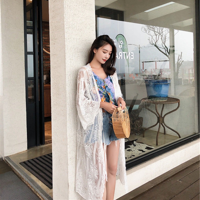 Bohemian Vacation Beach Sun Protection Clothing Women Summer Seaside Beach Cover Up Lace Cardigan Coat YTCYZ