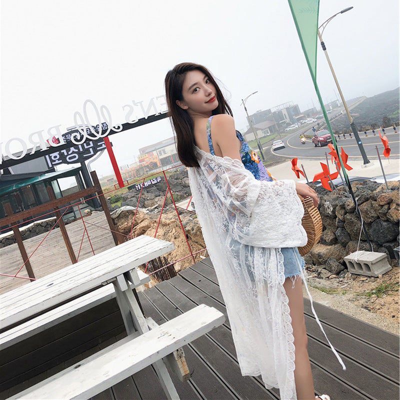 Bohemian Vacation Beach Sun Protection Clothing Women Summer Seaside Beach Cover Up Lace Cardigan Coat YTCYZ