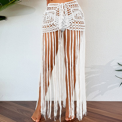 Vacation Sun Protection Hand Crocheting Lace up Beach Overskirt Hand Crocheting Hollow Out Cutout Long Fringe Skirt Crochet hook