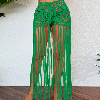 Vacation Sun Protection Hand Crocheting Lace up Beach Overskirt Hand Crocheting Hollow Out Cutout Long Fringe Skirt Crochet hook