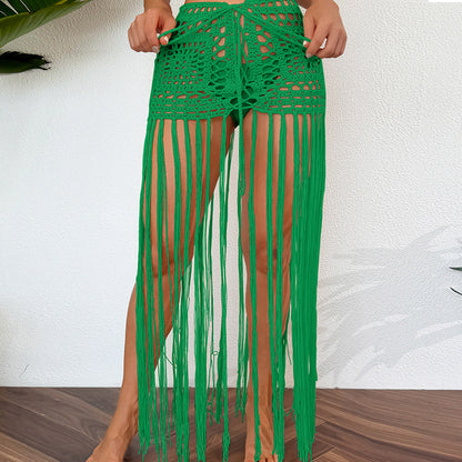 Vacation Sun Protection Hand Crocheting Lace up Beach Overskirt Hand Crocheting Hollow Out Cutout Long Fringe Skirt Crochet hook