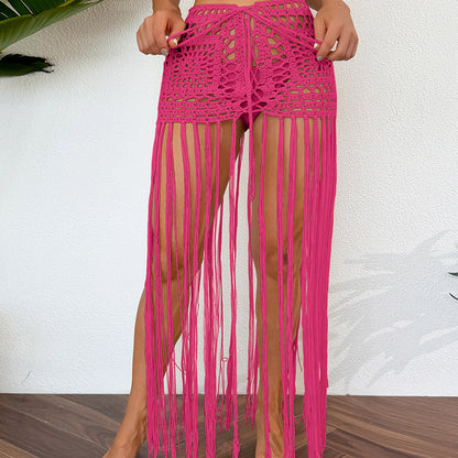 Vacation Sun Protection Hand Crocheting Lace up Beach Overskirt Hand Crocheting Hollow Out Cutout Long Fringe Skirt Crochet hook