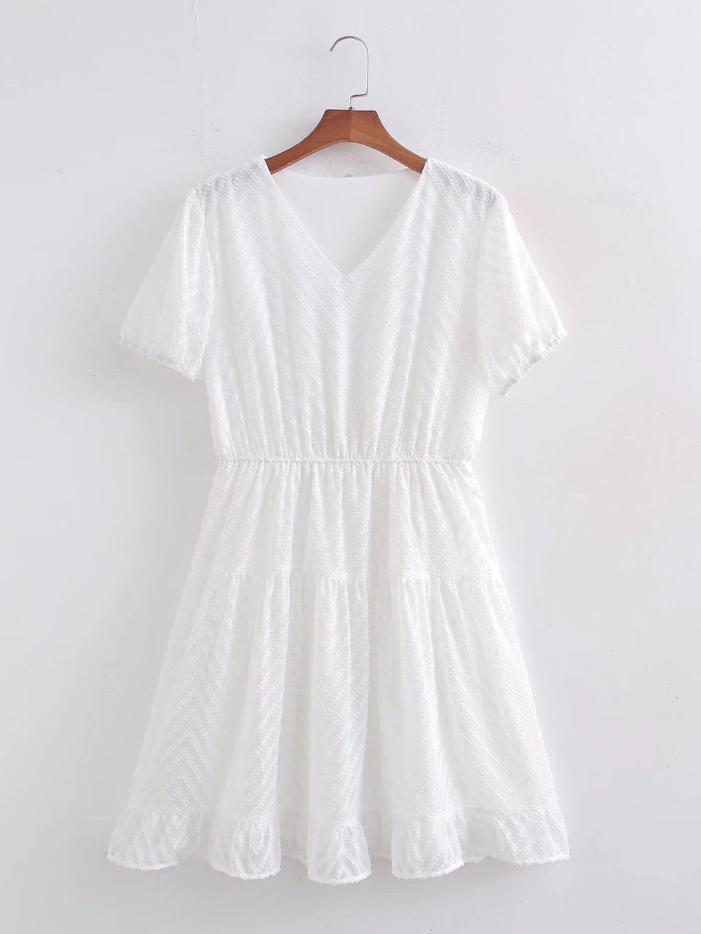 Spring Women Clothing Simple Graceful V neck Solid Color Short Sleeve Dress FRIDAY