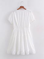 Spring Women Clothing Simple Graceful V neck Solid Color Short Sleeve Dress FRIDAY