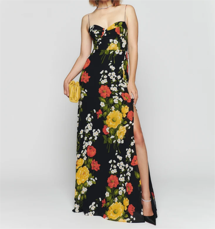 Spring Floral Printed Sexy Slim Fit Slimming Lace Up Bow Suspenders Mid Length Dress PullWind