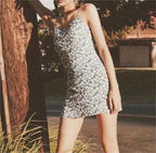 Robe fraîche printemps été rétro bleu floral coupe ajustée