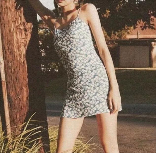 Fresh Dress Spring Summer Retro Blue Floral Slim Fitting Slip Dress