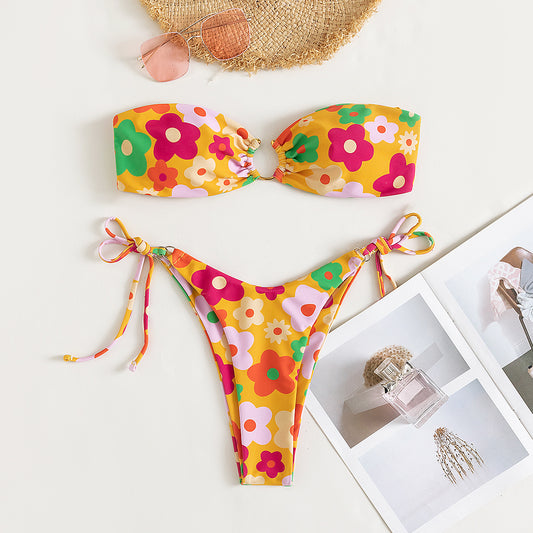 Traje de baño dividido sexy pequeño pecho plano hebilla de metal bikini traje de baño bikini