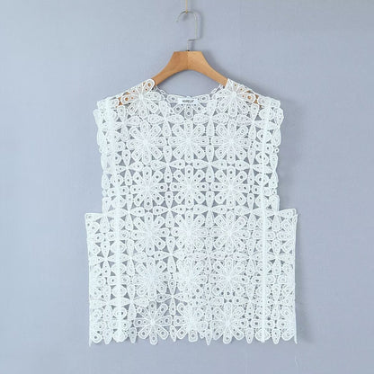Summer Three Color Craft Floral Lace Vest Irregular Asymmetric Top