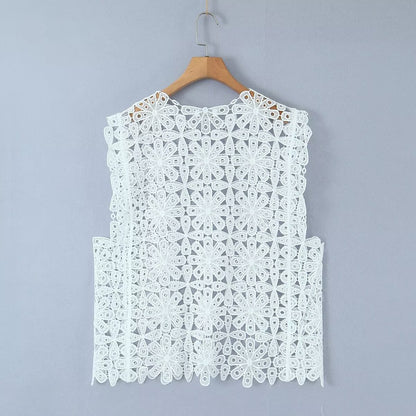 Summer Three Color Craft Floral Lace Vest Irregular Asymmetric Top