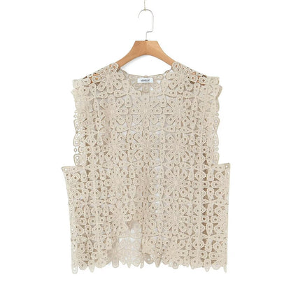 Summer Three Color Craft Floral Lace Vest Irregular Asymmetric Top
