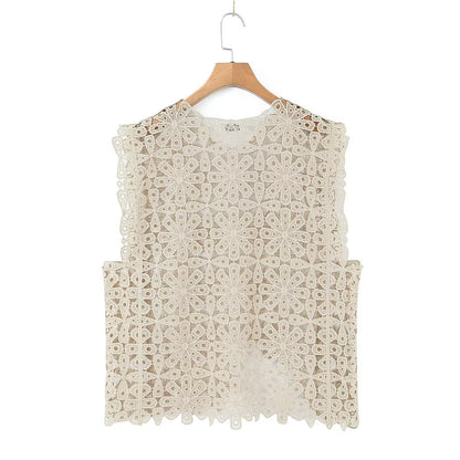 Summer Three Color Craft Floral Lace Vest Irregular Asymmetric Top