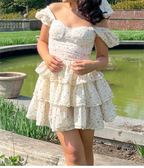 Spring Summer Niche Design Sexy Slim Print Puff Sleeve Short Mini Dress Women ZDShop