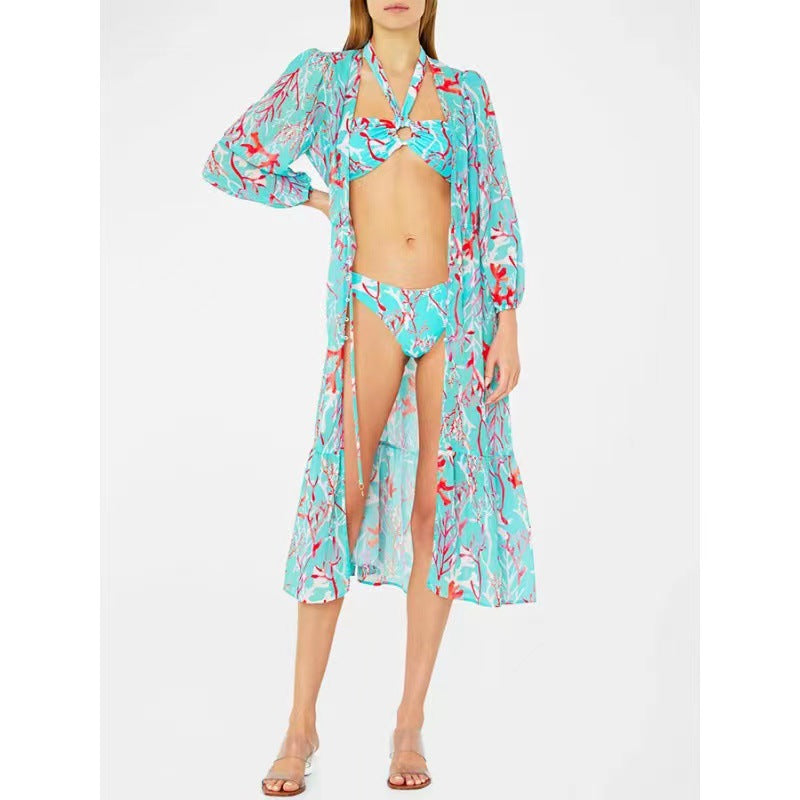 Bikini Halter con estampado sexy de gasa y falda dividida, conjunto de tres piezas