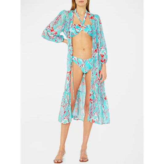 Bikini Halter Sexy Print Gauze Skirt Split Swimsuit Three Piece Set