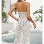 Holiday Dress Sexy Halter Solid Color Breathable Front Slit Maxi Dress Beach Sun Shield Dress Crochet hook Tidee