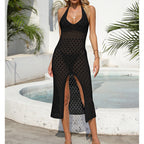Holiday Dress Sexy Halter Solid Color Breathable Front Slit Maxi Dress Beach Sun Shield Dress Crochet hook Tidee