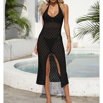 Holiday Dress Sexy Halter Solid Color Breathable Front Slit Maxi Dress Beach Sun Shield Dress Crochet hook